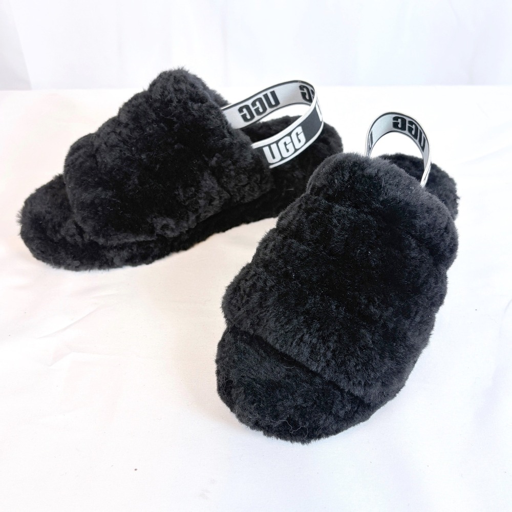 UGG Fluff Yeah Black Sheepskin Logo Slingback Slides Slippers 1095119 Womens 7